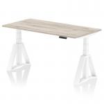 The picture shows a sleek and modern office desk, with a grey oak top and white legs. Its height can be adjusted to suit different preferences, and it features a piste foot for stability. This desk is designed to promote a dynamic sit-stand work style.