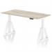 The picture shows a sleek and modern office desk, with a grey oak top and white legs. Its height can be adjusted to suit different preferences, and it features a piste foot for stability. This desk is designed to promote a dynamic sit-stand work style.