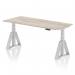 This image features a sleek grey oak top with silver legs and a piste foot, showcasing a dynamic sit stand and height adjustable office desk. The surface is 1800 x 800mm and offers versatile positioning options for optimal ergonomic support.
