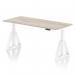 The photo shows a sleek and modern office desk with a durable grey oak top and a sturdy white leg. It features a dynamic sit-stand function and can be adjusted to a height of 1800 x 800mm. The addition of a piste foot provides extra stability for ergonomic use.