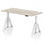 This picture features a dynamic sit stand and height adjustable desk, measuring 1600 x 800mm. The desk has a grey oak top and white legs with a piste foot. It also includes cable ports for convenient organization.