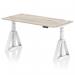 This picture features a dynamic sit stand and height adjustable desk, measuring 1600 x 800mm. The desk has a grey oak top and white legs with a piste foot. It also includes cable ports for convenient organization.
