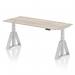 The image shows a modern office desk with a grey oak top and silver legs. It is 1800 x 800mm in size and features cable ports for organization. The desk can be adjusted in height and has a dynamic sit-stand option for improved ergonomics. Its Piste Foot enhances stability and support.