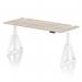 This photo shows a modern and versatile office desk that can be easily adjusted for sitting or standing positions. Its grey oak top is complemented by white legs and features cable ports and a unique piste foot for added support.
