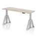 This image shows a modern and versatile office desk featuring a grey oak top and sleek silver legs. It has a dynamic sit stand functionality and is height-adjustable, perfect for adapting to individual work preferences and promoting a healthy workspace. The desk also includes cable ports and a piste foot for added convenience.