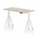 The photograph shows a modern and versatile desk with a grey oak top and white leg. It is equipped with cable ports and a piste foot for added convenience. Ideal for creating a dynamic work environment, this desk offers both sit and stand options and can be easily adjusted in height.