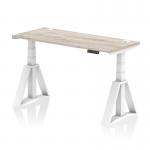 This picture features a modern office desk with a grey oak top and white legs. The desk is equipped with cable ports and a piste foot for added convenience. Its height can be easily adjusted, making it suitable for both sitting and standing positions. Its dimensions are 1400 x 600mm.