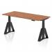 This photo features a sleek, modern office desk with a stylish walnut top and black legs. The desk is fully height adjustable, allowing for comfortable sitting or standing positions. The addition of a Piste Foot adds even more versatility to this dynamic and functional piece of office furniture.