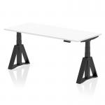 The photo shows a sleek and modern Dynamic Sit Stand and Height Adjustable Desk. The desk has a white top and black legs with a unique Piste Foot for added stability. Its size is 1800 x 800mm and it is perfect for any office, allowing for easy transition between sitting and standing.