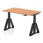 The picture captures a sleek and modern office desk with a spacious oak top and black legs. Its 1400 x 800mm size provides ample room for work. The desk features a dynamic sit stand and height adjustable design for comfortable and ergonomic use. The addition of a piste foot adds stability and style to the overall look.