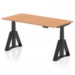 The image shows a sleek, modern office desk with a dynamic sit-stand feature. The desk is made of oak with a black leg and has a Piste foot for stability. It measures 1600 x 800mm and is height adjustable for comfort and versatility.