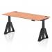 The photo features a dynamic Sit Stand and Height Adjustable Desk, with an Air 1800 x 800mm Beech Top. The desk has convenient Cable Ports and a classic Black Leg with a Piste Foot. Its unique design is perfect for any contemporary office space.