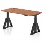 This image shows a sleek and modern Dynamic Sit Stand and Height Adjustable Desk. It features a 1600 x 800mm Walnut Top, Cable Ports, and a Black Leg with Piste Foot. The desk is easily adjustable, making it perfect for a flexible and ergonomic office setting.