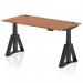 This image shows a sleek and modern Dynamic Sit Stand and Height Adjustable Desk. It features a 1600 x 800mm Walnut Top, Cable Ports, and a Black Leg with Piste Foot. The desk is easily adjustable, making it perfect for a flexible and ergonomic office setting.