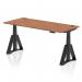 This photo captures a sleek and modern office desk, measuring 1800 x 800mm and featuring an adjustable height mechanism. The elegant walnut top is complemented by black legs and cable ports, while the piste foot adds a touch of sophistication. Perfect for any dynamic work setting.