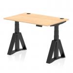 In the photograph, we see a sleek and modern desk with a maple top and black legs. It has a dynamic sit-stand feature and measures 1200 x 800mm. The desk also has cable ports for easy organization and a piste foot for stability. It would be a great addition to any office space.