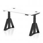 The picture features a white top office desk measuring 1400 x 600mm, with a black leg and Piste foot. The desk is height adjustable, making it suitable for sitting or standing positions. Cable ports are visible on the surface, allowing for organized and clutter-free workspace.