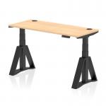 This picture showcases a modern and versatile workplace solution with a dynamic sit stand and height adjustable desk measuring 1400 x 600mm. The desk features a maple top and black leg with piste foot, as well as cable ports for better organization.