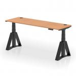This photo captures a sleek and modern air 1800 x 600mm height adjustable office desk with an oak top and black leg. The desk has cable ports and a piste foot for added convenience and functionality.