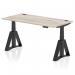 This image features a sleek and modern 1600 x 800mm grey oak top office desk with an adjustable height mechanism. The black legs and built-in cable ports add functionality, while the dynamic sit stand design allows for comfortable and healthy work habits.