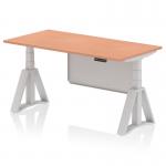This image shows a dynamic sit-stand desk with a beech top and silver legs. The desk is 1600 x 800mm in size and has a height adjustable feature. A silver steel modesty panel and piste foot add to its sleek design.