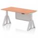 This image shows a dynamic sit-stand desk with a beech top and silver legs. The desk is 1600 x 800mm in size and has a height adjustable feature. A silver steel modesty panel and piste foot add to its sleek design.