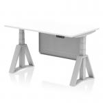 The picture shows a modern and sleek Dynamic Sit Stand and Height Adjustable Desk in white and silver. It features a 1400 x 800mm tabletop and a silver leg with a steel modesty panel, creating a stylish and functional workspace. The desk also has a piste foot for comfortable standing positions.