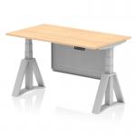 This picture shows a dynamic sit stand and height adjustable desk. The desk has a 1400 x 800mm maple top and silver legs, along with a silver steel modesty panel and piste foot. The desk can be easily adjusted to suit your preferences and promote a healthier work environment.