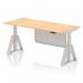 This photo features a sleek and modern 1800x800mm height adjustable office desk in maple top with silver leg. It also includes a silver steel modesty panel and piste foot for added style and functionality. The desk can easily be adjusted to a sit or stand position, perfect for promoting a dynamic work environment.