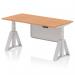 This desk has a top made of oak and a silver leg, along with a silver steel modesty panel. The desk is 1600 x 800mm and has piste feet. It is a dynamic sit stand desk that is height adjustable and perfect for any office space.
