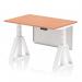 This photo captures a scene of a modern workspace with dynamic sit stand and height adjustable desks. The air modesty 1200 x 800mm desk features a sleek beech top and white legs, adorned with a matching steel modesty panel. A piste foot adds extra support and stability to the desk.
