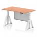 This picture shows a dynamic office desk that can be adjusted to different heights. The desk features a beechwood top and white steel legs, along with a white modesty panel and piste foot. Its dimensions are 1400 x 800mm.