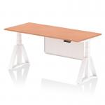 The photo shows a sleek and modern dynamic sit stand desk with a beech top and white steel modesty panel. The desk is 1800 x 800mm in size and features height adjustable capabilities. The white leg and piste foot adds a touch of elegance to the overall design. Its the perfect addition to any professional office space.