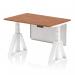 The photograph shows a sleek and modern dynamic sit stand and height adjustable desk. The desk has a walnut top and white legs, with a matching steel modesty panel. The unique piste foot adds a touch of style to the overall design. Perfect for a modern and versatile office space.