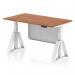 This picture shows a modern office desk with a walnut top and white steel legs. The desk is 1400 x 800mm and has a dynamic sit stand feature, allowing for easy height adjustment. It also includes a white steel modesty panel and piste foot for added support.