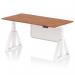 This image showcases a modern and stylish dynamic sit stand and height adjustable desk, with a walnut desktop and white steel legs. The desk also features a white steel modesty panel and piste foot supports for added stability. Perfect for any office space in need of ergonomic and versatile furniture.