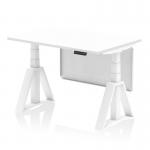 This photograph features a sleek, white desk with a modern, adjustable design. The desk has a modesty panel with a piste foot for added support, and its height can be easily adjusted to accommodate sitting or standing. Its dynamic design makes it a versatile addition to any office space.