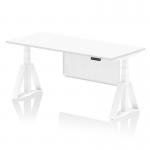 This photo captures a sleek and modern Dynamic Sit Stand and Height Adjustable Desk. With a white top, white legs, and a white steel modesty panel, this desk also features a piste foot for extra support. Its dimensions measure 1800 x 800mm, making it a versatile addition to any office space.