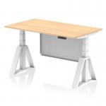 This picture shows a modern office desk with a maple top and white steel legs. The desk is 1400 x 800mm and equipped with a piste foot for stability. The unique feature of this desk is its dynamic sit stand and height adjustable function, allowing users to switch between sitting and standing positions easily. The desk also comes with a white steel modesty panel for added privacy. Overall, this desk offers a sleek and functional workspace solution for any office.