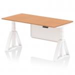 This image shows a modern, sleek office desk with a white steel modesty panel and piste foot. The desk has a 1600 x 800mm oak top and is height adjustable, allowing for both sitting and standing positions.