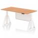 This image shows a modern, sleek office desk with a white steel modesty panel and piste foot. The desk has a 1600 x 800mm oak top and is height adjustable, allowing for both sitting and standing positions.