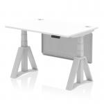 The photograph shows a sleek and modern white top office desk with silver legs and a silver steel modesty panel. The desk is 1200 x 800mm and is height adjustable, with cable ports for easy organization. It also features a piste foot for added stability.