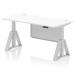 The image shows a sleek and modern office desk with a white top and silver legs. It features cable ports for organization and a height adjustable feature for versatile use. A silver steel modesty panel and piste foot add to its dynamic design.