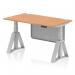 This picture features a modern and versatile office desk with a oak top and silver legs. The desk is 1400 x 800mm in size and has cable ports for organization. It is height adjustable and also includes a silver steel modesty panel and piste foot for added stability.