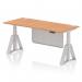 The photo shows a dynamic sit stand desk with a height-adjustable oak top and silver legs. There are cable ports on the desk and a silver steel modesty panel with a piste foot attachment. The desk measures 1800 x 800mm and is perfect for any modern office setup.