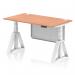 This picture shows a dynamic sit-stand desk with a beech top, white legs and a matching steel modesty panel. The desk also features cable ports and a piste foot for stability. It measures 1400 x 800mm and is fully height adjustable for customizable comfort.