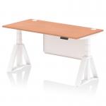 The image showcases a modern, functional office desk with a beech top and white steel legs. The desk is equipped with adjustable height and a modesty panel, as well as cable ports for organization. The piste foot adds stability and style to the desk.