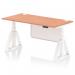 The image showcases a modern, functional office desk with a beech top and white steel legs. The desk is equipped with adjustable height and a modesty panel, as well as cable ports for organization. The piste foot adds stability and style to the desk.