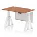 The photograph features a sleek and modern Dynamic Sit Stand and Height Adjustable Desk. The desk has a size of 1200 x 800mm and is made of walnut wood with a white steel modesty panel and piste foot. It also includes convenient cable ports and adjustable height for comfortable use. The white legs add a touch of elegance to this versatile office desk.