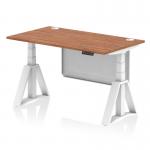 This desk has a sleek and modern design with a walnut top and white steel legs. The height can be adjusted for sitting or standing, and it features cable ports for organization. The white steel modesty panel adds style and the piste foot provides stability.